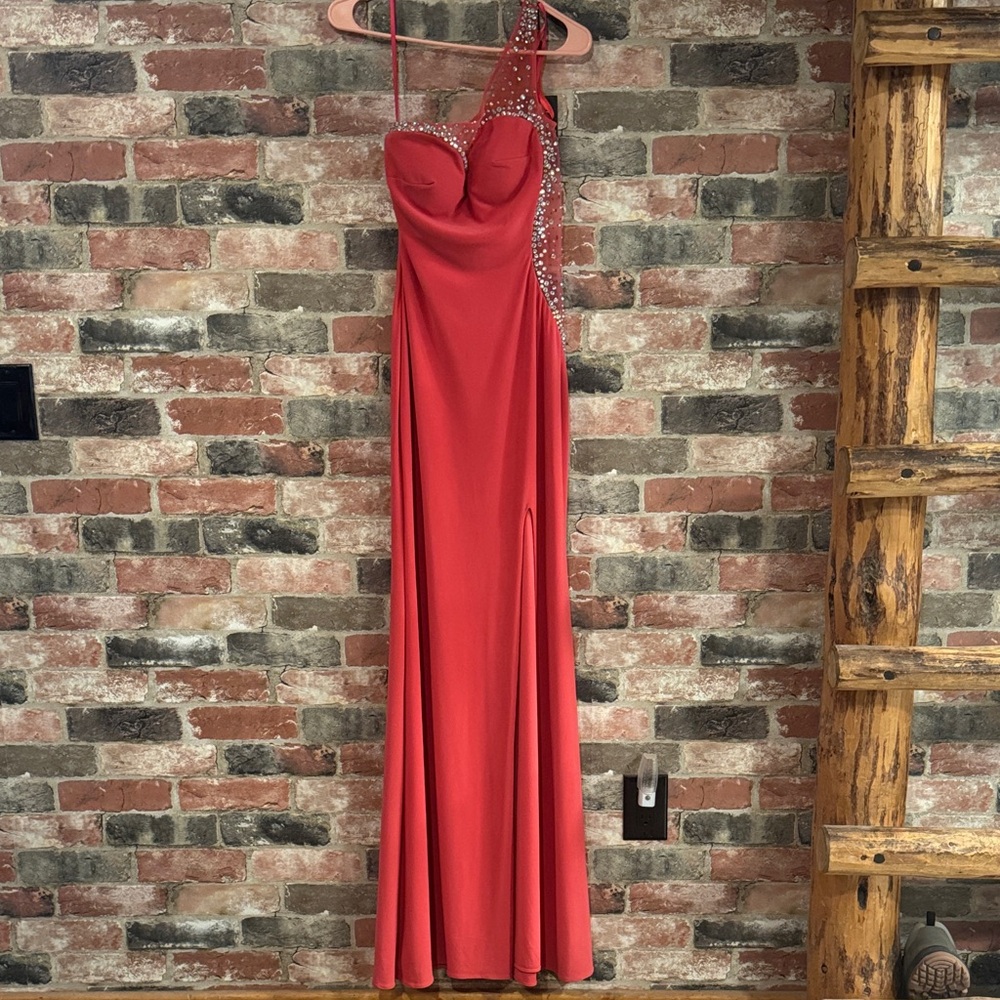 La Femme Red One-Shoulder Prom Gown with Crystal Trim